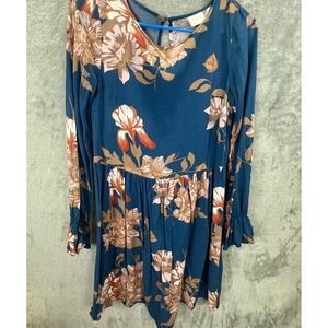 Cottagecore Teal Floral Long Sleeve Babydoll Mini‎ Dress Prairie Whimsigoth